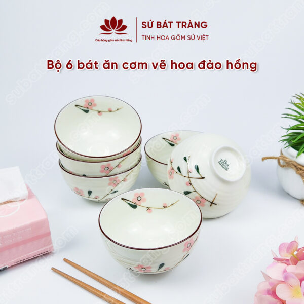 Bát ăn cơm vẽ hoa đào hồng cao cấp - Sứ Bát Tràng