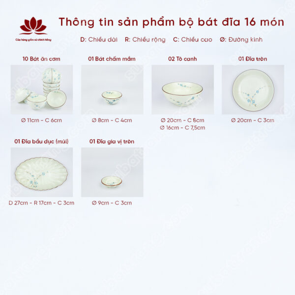 Bộ chén đĩa Bát Tràng 16 món phù hợp với gia đình có từ 3-4 người