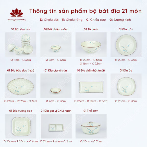 Bộ chén đĩa Bát Tràng 16 món phù hợp với gia đình có từ 6-7 người