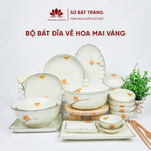 Set Sum Họp Bộ Bát đĩa Vẽ Hoa Mai Vàng | Sứ Bát Tràng