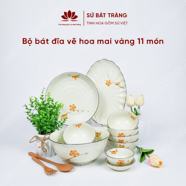 Set Sum Họp Bộ Bát đĩa Vẽ Hoa Mai Vàng | Sứ Bát Tràng