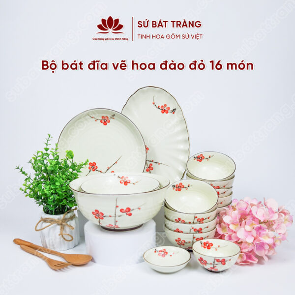 Set Sum Họp Bộ Bát đĩa Vẽ Hoa đào đỏ | Sứ Bát Tràng