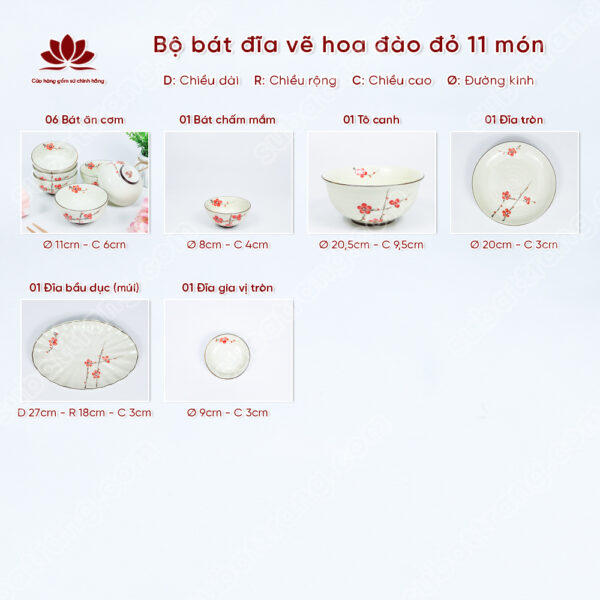 Set Sum Họp Bộ Bát đĩa Vẽ Hoa đào đỏ | Sứ Bát Tràng