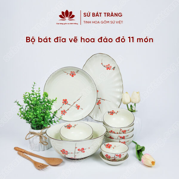 Set Sum Họp Bộ Bát đĩa Vẽ Hoa đào đỏ | Sứ Bát Tràng