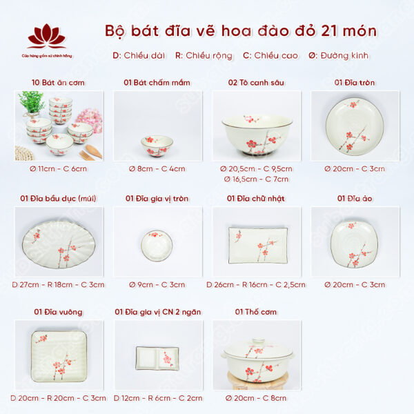 Set Sum Họp Bộ Bát đĩa Vẽ Hoa đào đỏ | Sứ Bát Tràng