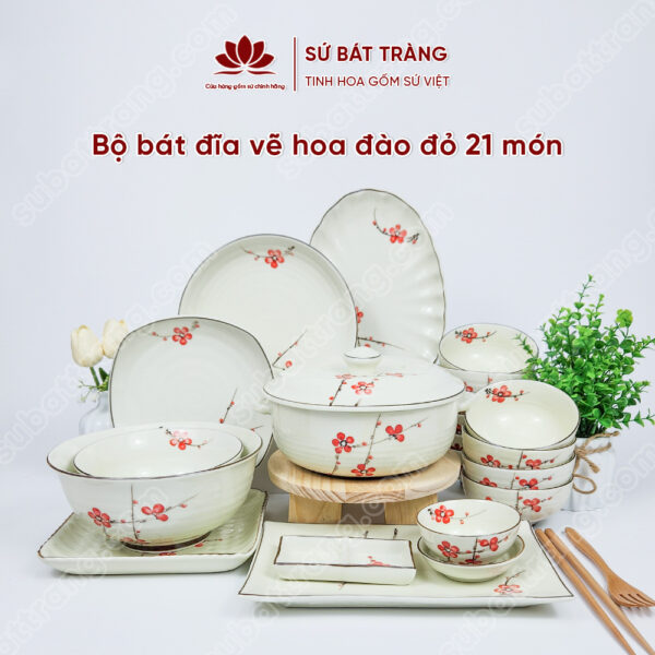 Set Sum Họp Bộ Bát đĩa Vẽ Hoa đào đỏ | Sứ Bát Tràng