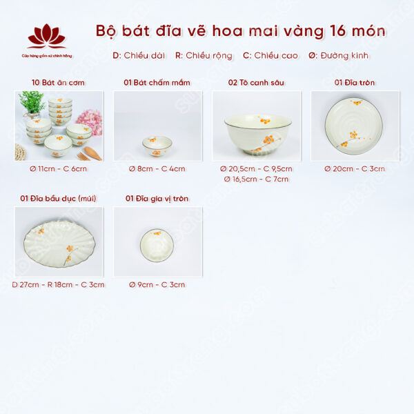 Set Sum Họp Bộ Bát đĩa Vẽ Hoa Mai Vàng | Sứ Bát Tràng