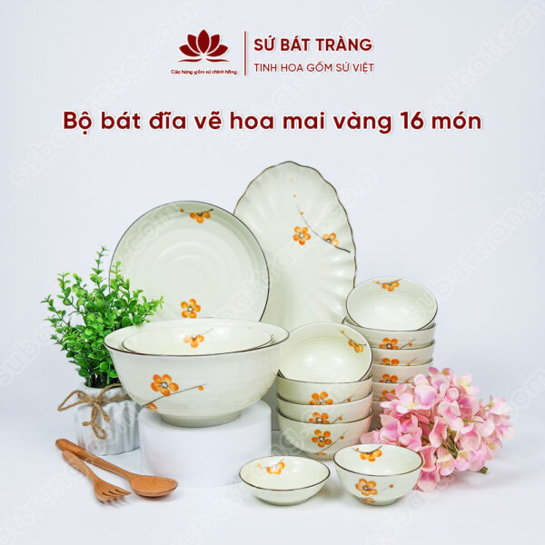 Set Sum Họp Bộ Bát đĩa Vẽ Hoa Mai Vàng | Sứ Bát Tràng