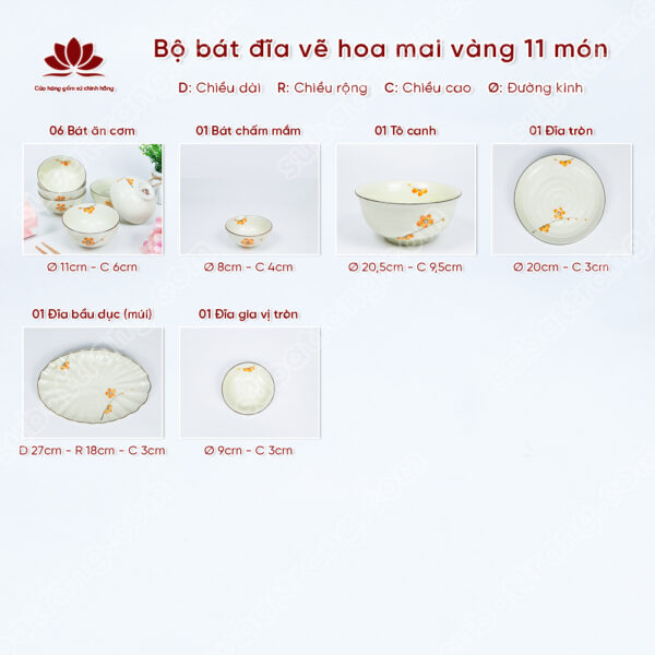 Set Sum Họp Bộ Bát đĩa Vẽ Hoa Mai Vàng | Sứ Bát Tràng