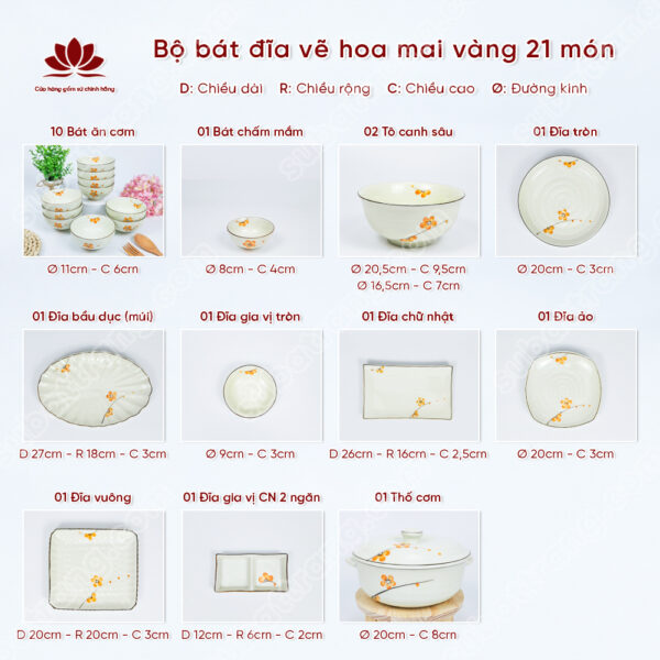 Set Sum Họp Bộ Bát đĩa Vẽ Hoa Mai Vàng | Sứ Bát Tràng