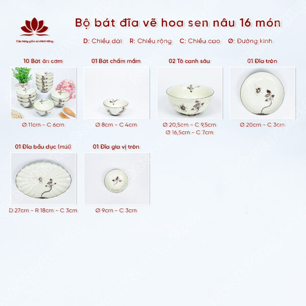 Set Sum Họp Bộ Bát đĩa Vẽ Hoa Sen Nâu | Sứ Bát Tràng