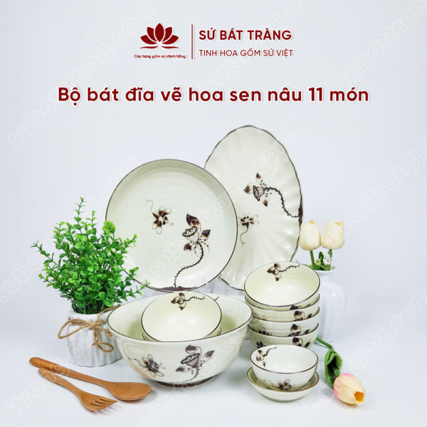 Set Sum Họp Bộ Bát đĩa Vẽ Hoa Sen Nâu | Sứ Bát Tràng