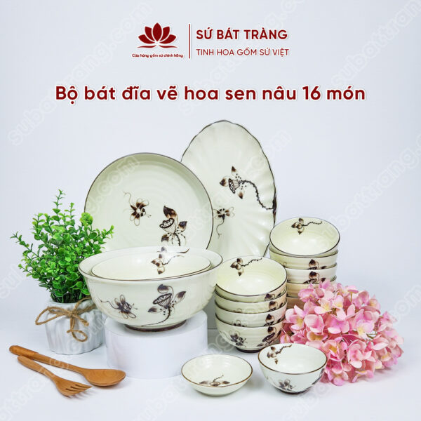 Set Sum Họp Bộ Bát đĩa Vẽ Hoa Sen Nâu | Sứ Bát Tràng