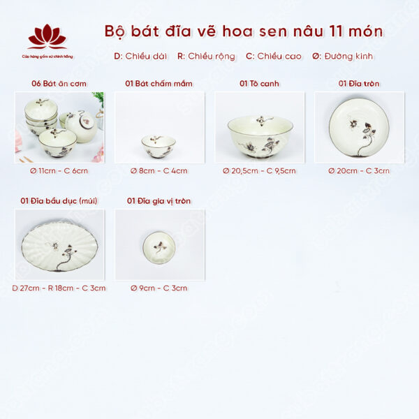 Set Sum Họp Bộ Bát đĩa Vẽ Hoa Sen Nâu | Sứ Bát Tràng