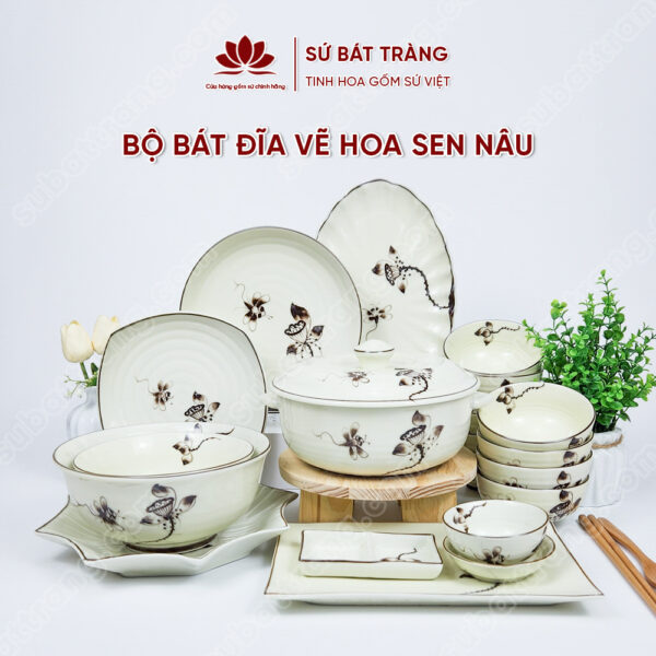 Set Sum Họp Bộ Bát đĩa Vẽ Hoa Sen Nâu | Sứ Bát Tràng