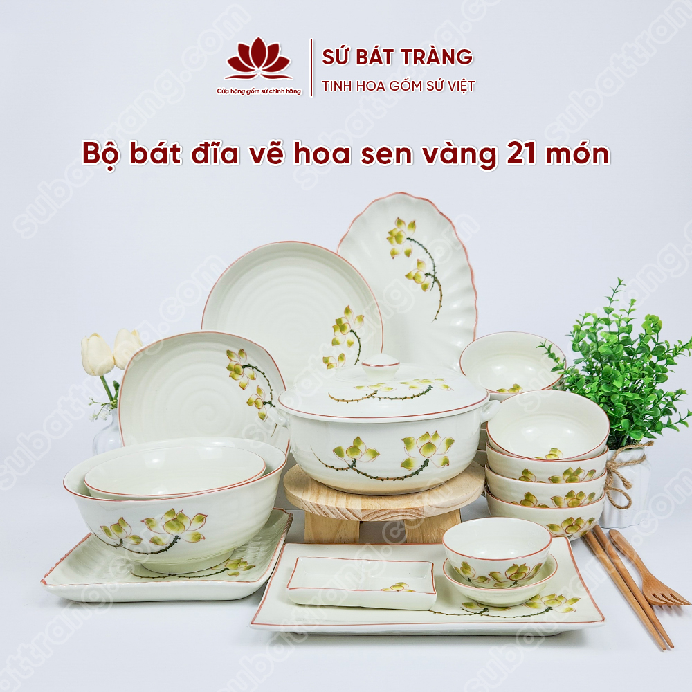 Set Sum Họp Bộ Bát đĩa Vẽ Hoa Sen Vàng | Sứ Bát Tràng