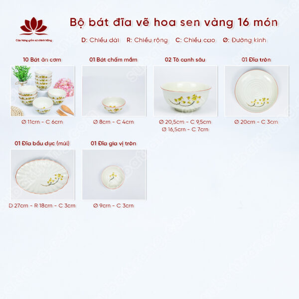 Set Sum Họp Bộ Bát đĩa Vẽ Hoa Sen Vàng | Sứ Bát Tràng