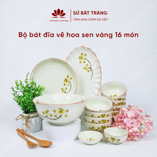 Set Sum Họp Bộ Bát đĩa Vẽ Hoa Sen Vàng | Sứ Bát Tràng