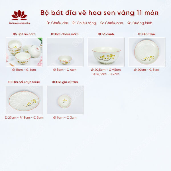 Set Sum Họp Bộ Bát đĩa Vẽ Hoa Sen Vàng | Sứ Bát Tràng