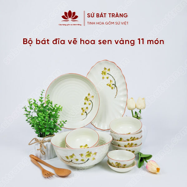 Set Sum Họp Bộ Bát đĩa Vẽ Hoa Sen Vàng | Sứ Bát Tràng