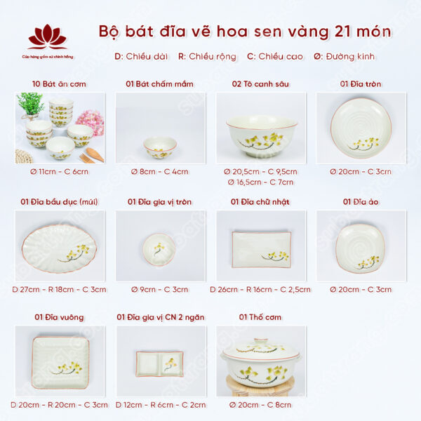 Set Sum Họp Bộ Bát đĩa Vẽ Hoa Sen Vàng | Sứ Bát Tràng