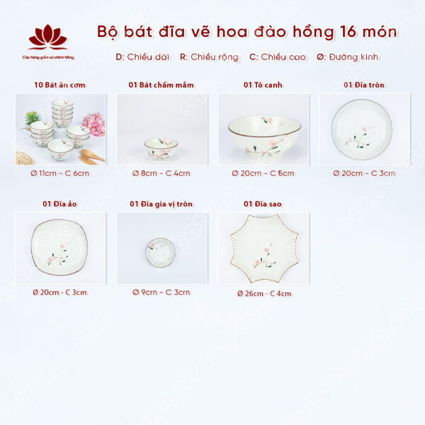 Set Phú Quý Bộ Bát đĩa Vẽ Hoa đào Hồng | Sứ Bát Tràng