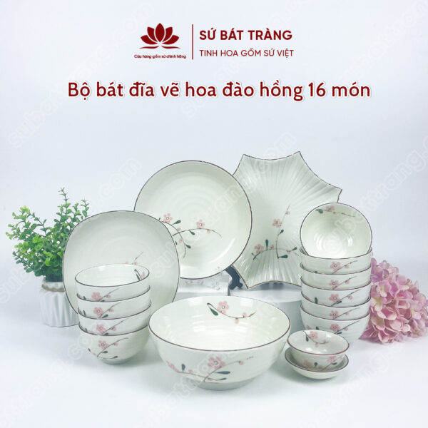 Set Phú Quý Bộ Bát đĩa Vẽ Hoa đào Hồng | Sứ Bát Tràng