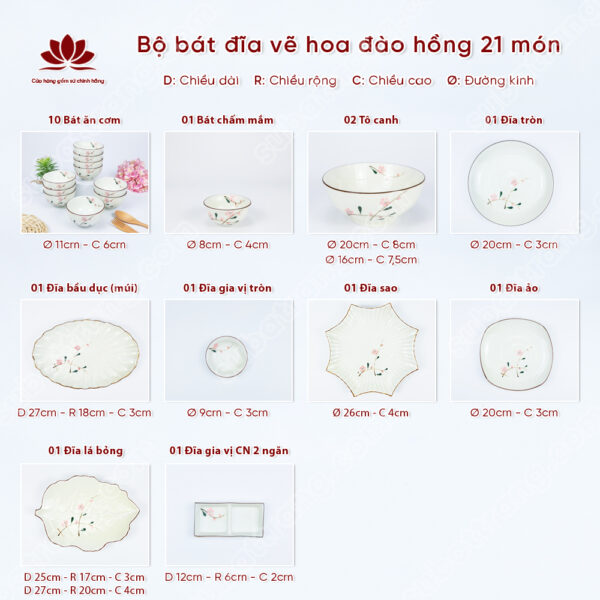 Set Phú Quý Bộ Bát đĩa Vẽ Hoa đào Hồng | Sứ Bát Tràng