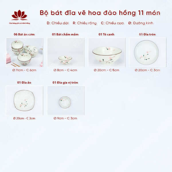 Set Phú Quý Bộ Bát đĩa Vẽ Hoa đào Hồng | Sứ Bát Tràng