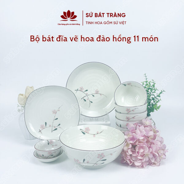 Set Phú Quý Bộ Bát đĩa Vẽ Hoa đào Hồng | Sứ Bát Tràng