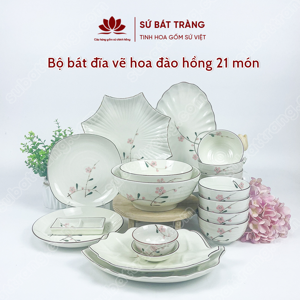 Set Phú Quý Bộ Bát đĩa Vẽ Hoa đào Hồng | Sứ Bát Tràng