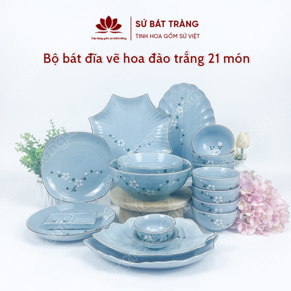 Set Phú Quý Bộ Bát đĩa Vẽ Hoa đào Trắng | Sứ Bát Tràng