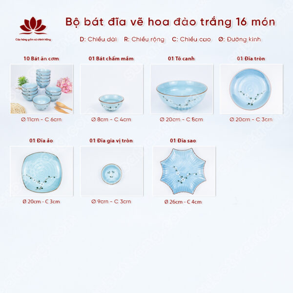 Set Phú Quý Bộ Bát đĩa Vẽ Hoa đào Trắng | Sứ Bát Tràng