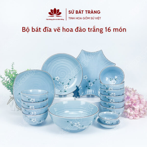 Set Phú Quý Bộ Bát đĩa Vẽ Hoa đào Trắng | Sứ Bát Tràng