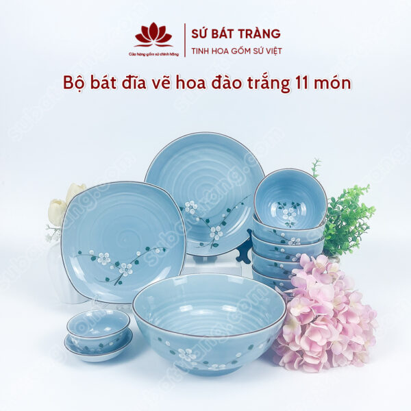 Set Phú Quý Bộ Bát đĩa Vẽ Hoa đào Trắng | Sứ Bát Tràng