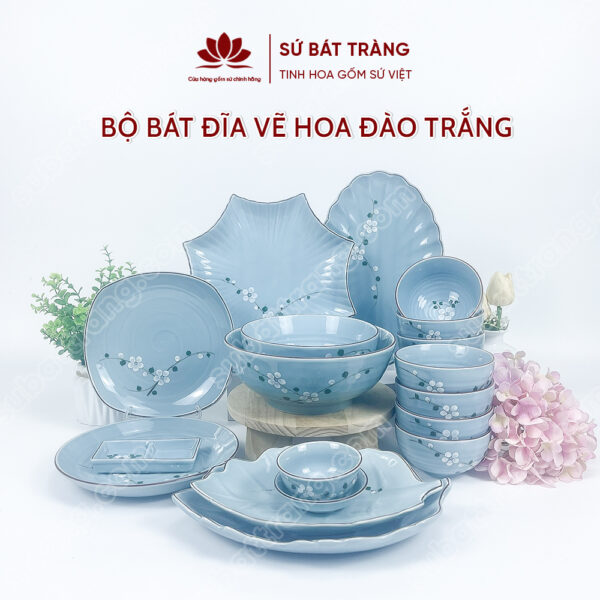 Set Phú Quý Bộ Bát đĩa Vẽ Hoa đào Trắng | Sứ Bát Tràng