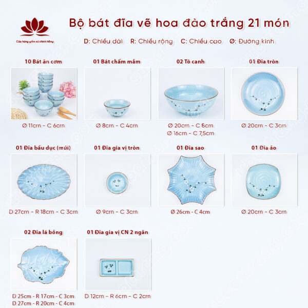 Set Phú Quý Bộ Bát đĩa Vẽ Hoa đào Trắng | Sứ Bát Tràng