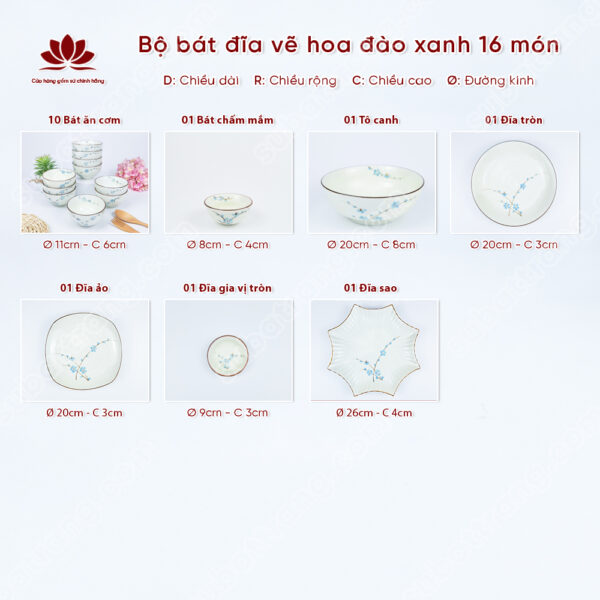 Set Phú Quý Bộ Bát đĩa Vẽ Hoa đào Xanh | Sứ Bát Tràng