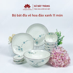 Set Phú Quý Bộ Bát đĩa Vẽ Hoa đào Xanh | Sứ Bát Tràng