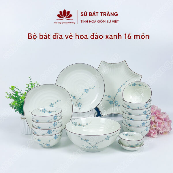 Set Phú Quý Bộ Bát đĩa Vẽ Hoa đào Xanh | Sứ Bát Tràng