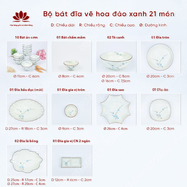 Set Phú Quý Bộ Bát đĩa Vẽ Hoa đào Xanh | Sứ Bát Tràng