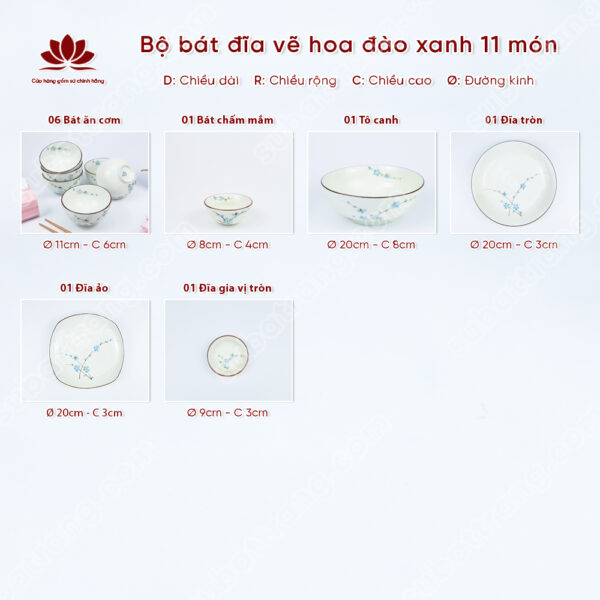 Set Phú Quý Bộ Bát đĩa Vẽ Hoa đào Xanh | Sứ Bát Tràng