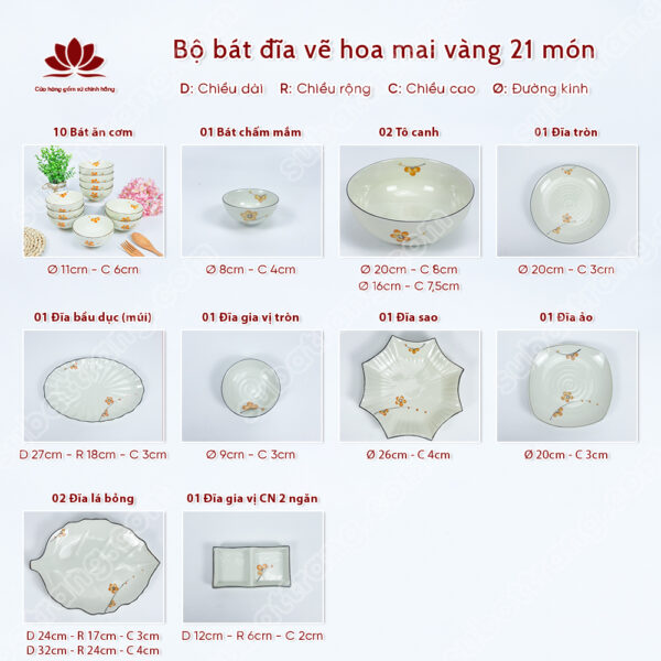 Set Phú Quý Bộ Bát đĩa Vẽ Hoa Mai Vàng | Sứ Bát Tràng