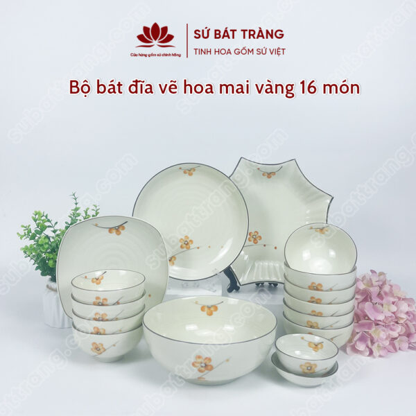 Set Phú Quý Bộ Bát đĩa Vẽ Hoa Mai Vàng | Sứ Bát Tràng