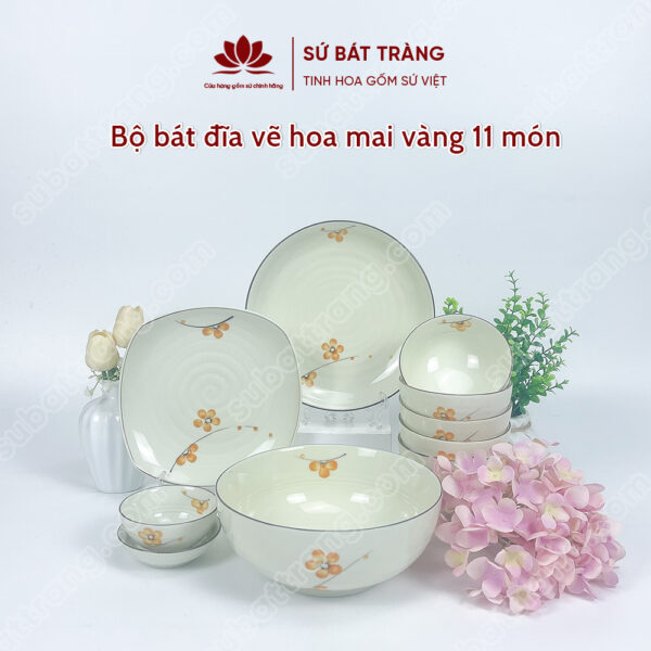 Set Phú Quý Bộ Bát đĩa Vẽ Hoa Mai Vàng | Sứ Bát Tràng