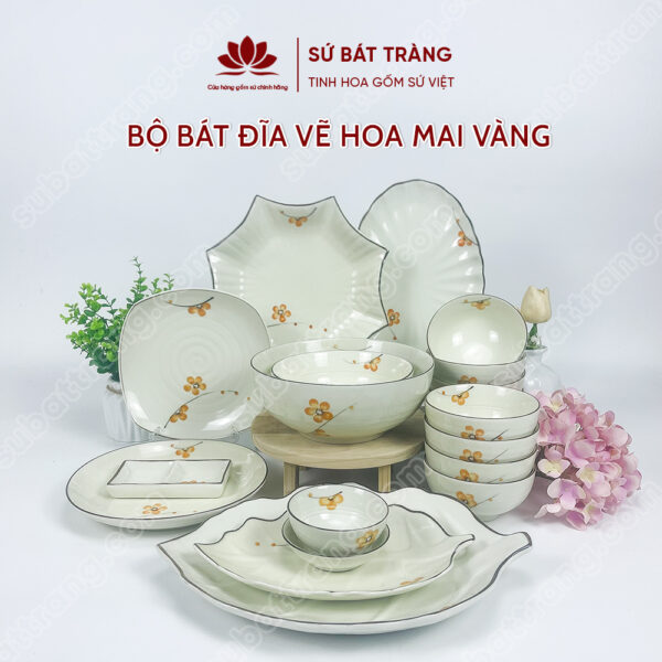 Set Phú Quý Bộ Bát đĩa Vẽ Hoa Mai Vàng | Sứ Bát Tràng