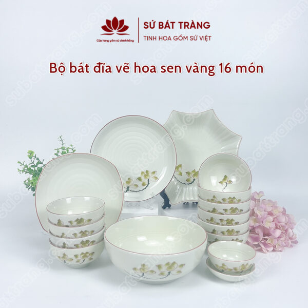 Set Phú Quý Bộ Bát đĩa Vẽ Hoa Sen Vàng | Sứ Bát Tràng