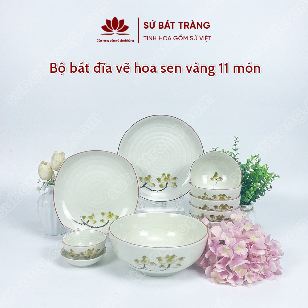 Set Phú Quý Bộ Bát đĩa Vẽ Hoa Sen Vàng | Sứ Bát Tràng