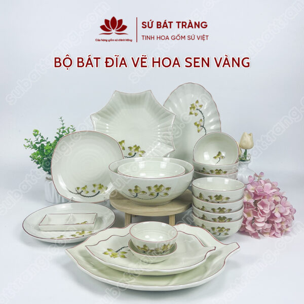 Set Phú Quý Bộ Bát đĩa Vẽ Hoa Sen Vàng | Sứ Bát Tràng