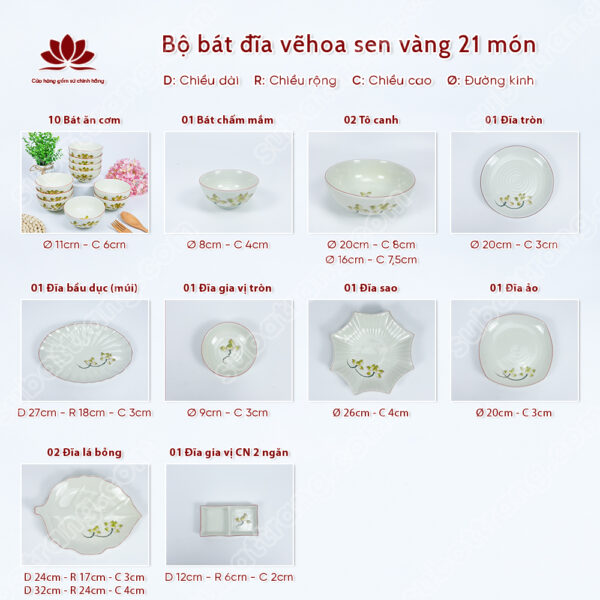 Set Phú Quý Bộ Bát đĩa Vẽ Hoa Sen Vàng | Sứ Bát Tràng